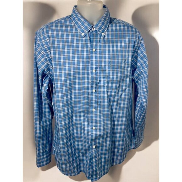 Izod Mens Blue Plaid Button Down Long Sleeve Shirt Contrasting Cuff Trim Large - Picture 7 of 7